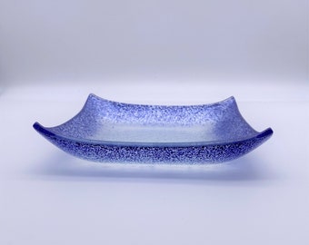 Handmade Square Glass Dessert Plate: Blue Speckled Rim, Recycled Glass