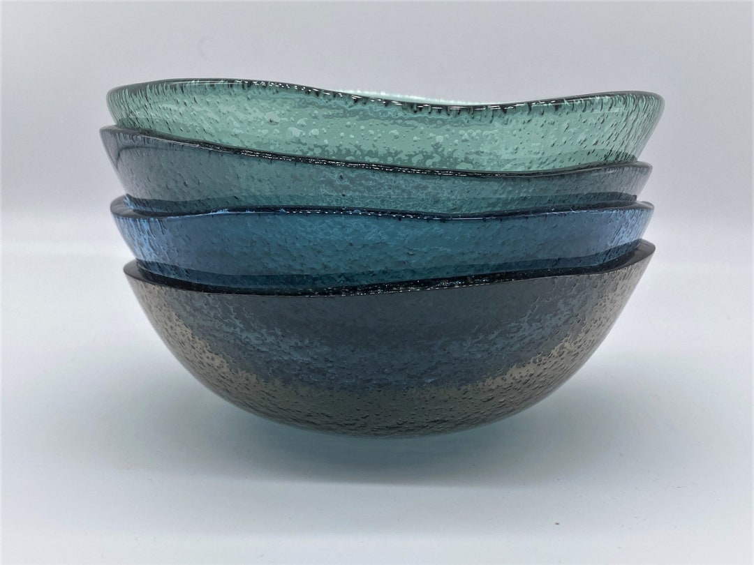 Set of 4 Large Handmade Glass Bowls. Glass Bowls for Salads, Soups and