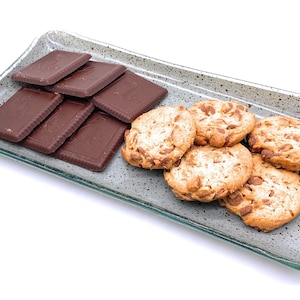 Op de afbeelding: Een rechthoekige glazen serveerschaal met grijze stippen met chocoladevierkanten en chocoladekoekjes.