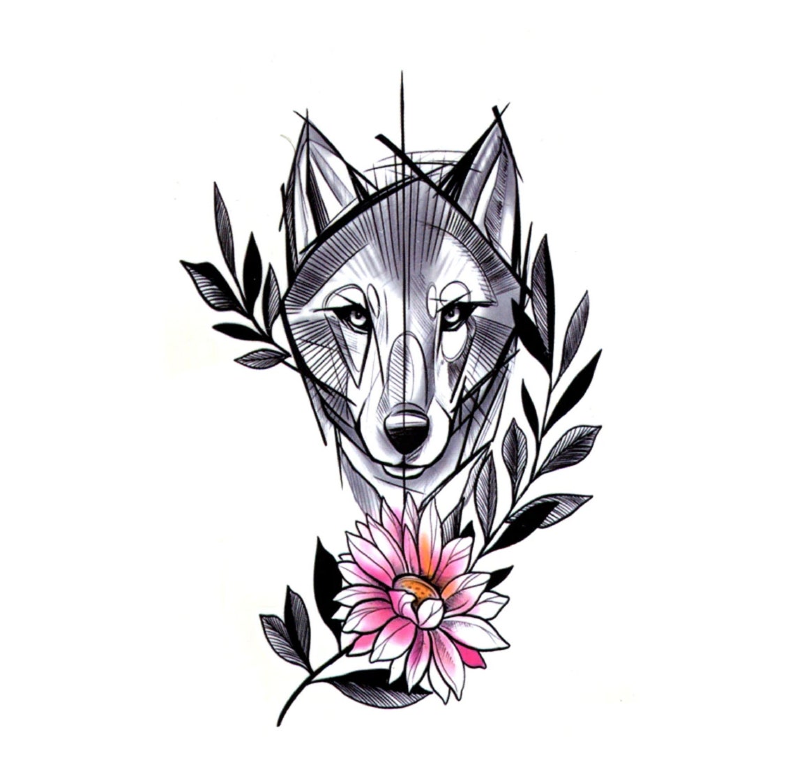 Wolf And Flower Tattoo Temporary Tattoo Ephemeral Tattoo Etsy Hong Kong