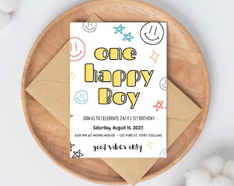 One Happy Boy First Birthday Invitation | 1st Birthday Party Invite for Boys | Editable | Instant Download | Good Vibes Card