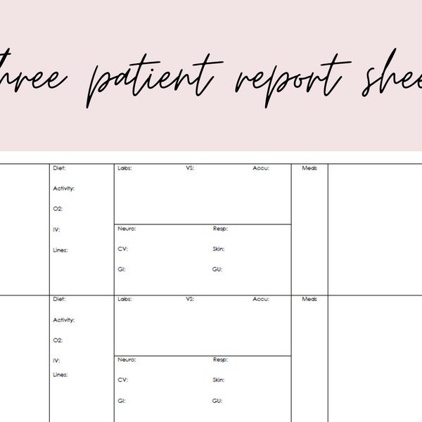 3 Patient Report Sheet | Nurse Brain Great for MedSurg or Step Down Unit | Instant Download | Landscape Orientation