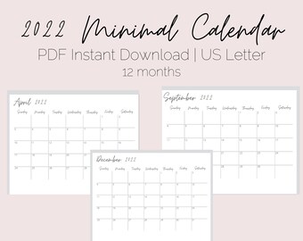 2022 Monthly Calendar | Year Calendar | Instant Download | Digital Download | 8.5 x 11 US Letter
