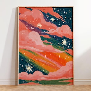 Regenbogen rosa Wolken Wandkunst, Sternenhimmel bedruckbar, Cosmic Dream Poster, digitaler Download, Boho Nacht Dekor, Fantasy Wandbild, Regenbogen
