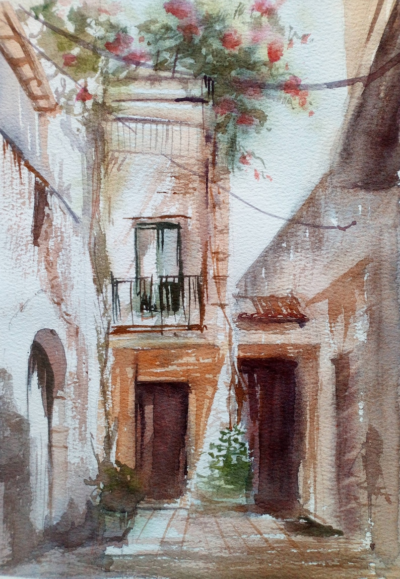 Original Watercolor Painting Italian Courtyard Town Landscape