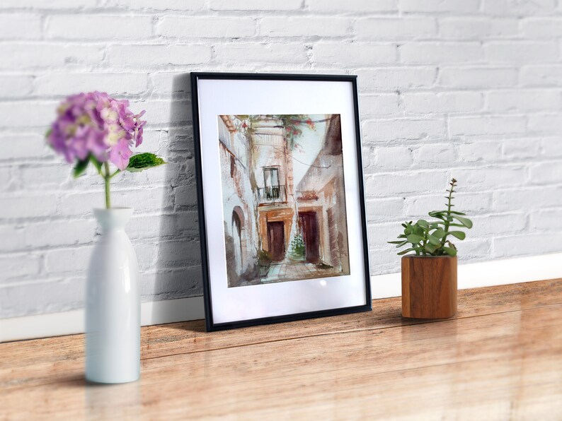 Original Watercolor Painting Italian Courtyard Town Landscape