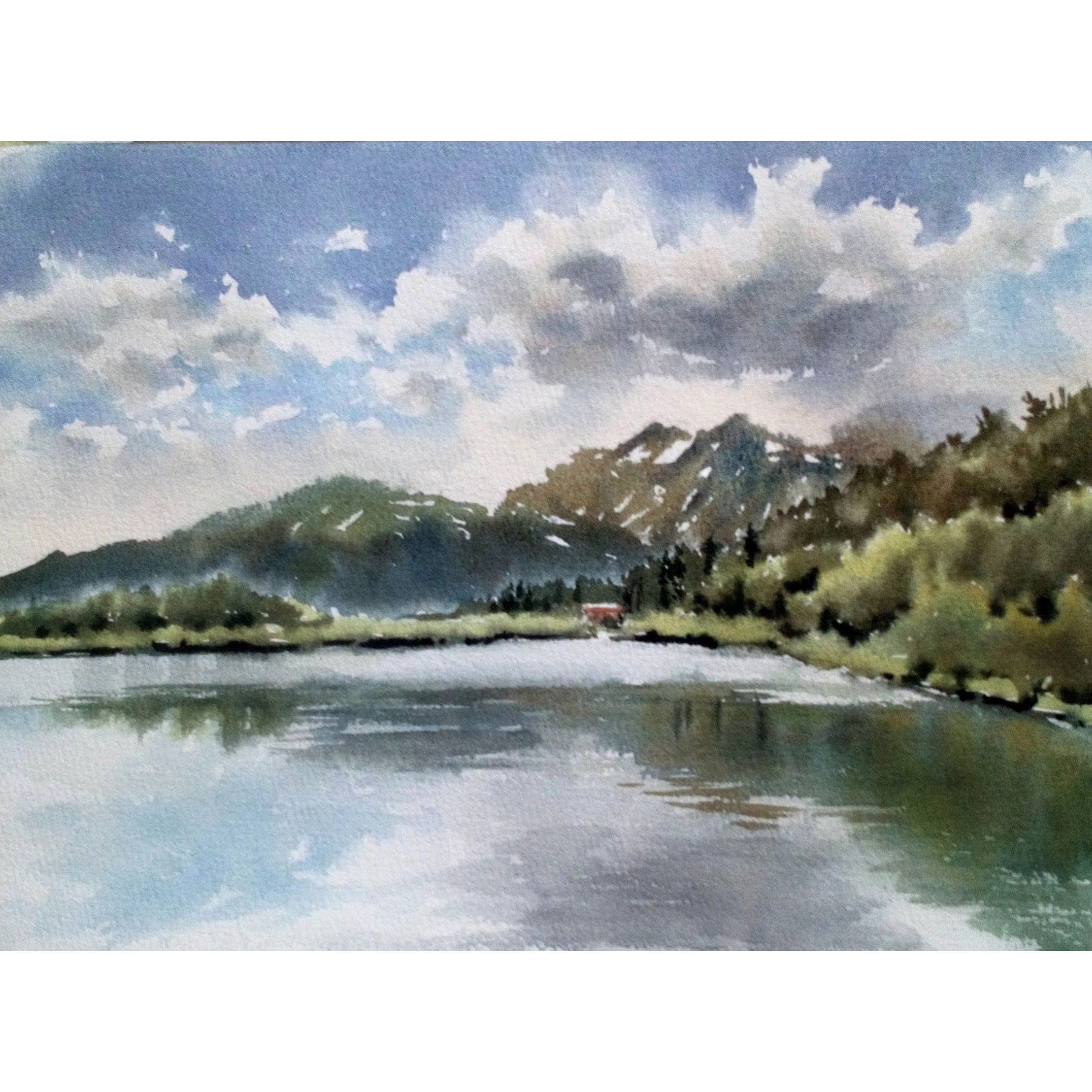 Original Watercolor Lake in the Mountains Landscape Painting Etsy