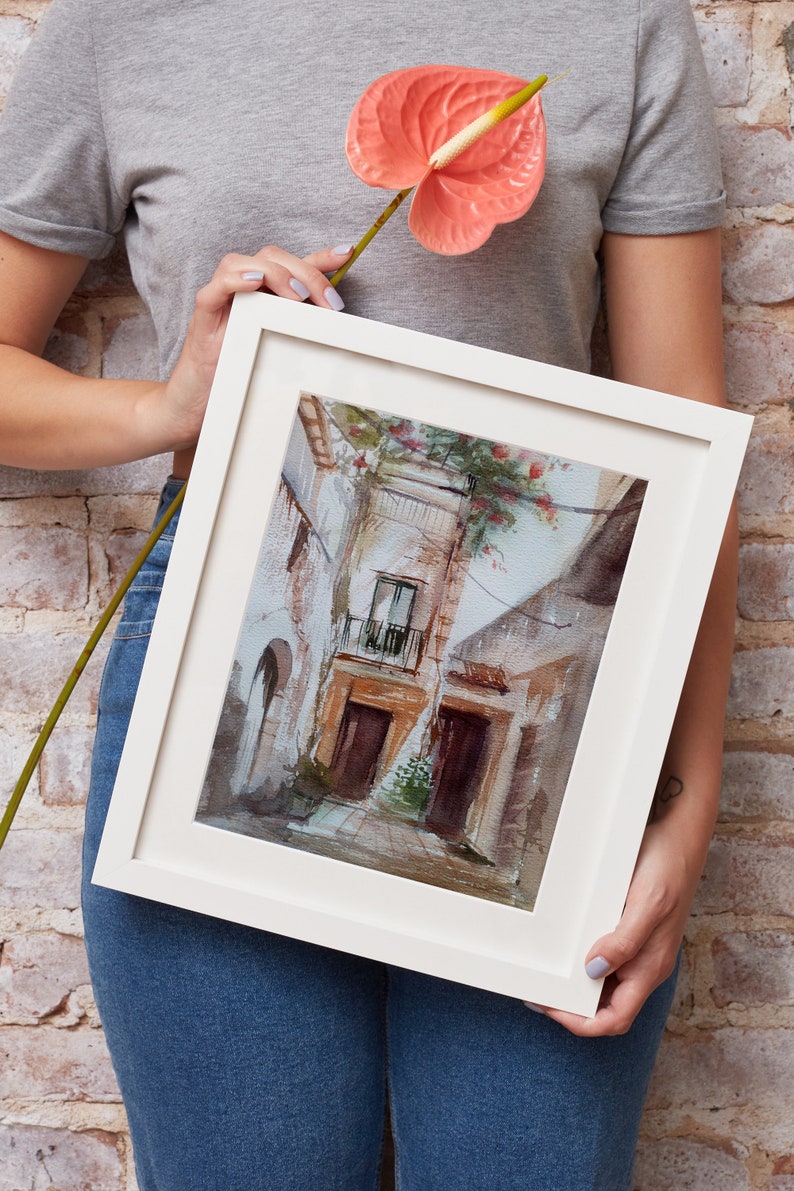Original Watercolor Painting Italian Courtyard Town Landscape