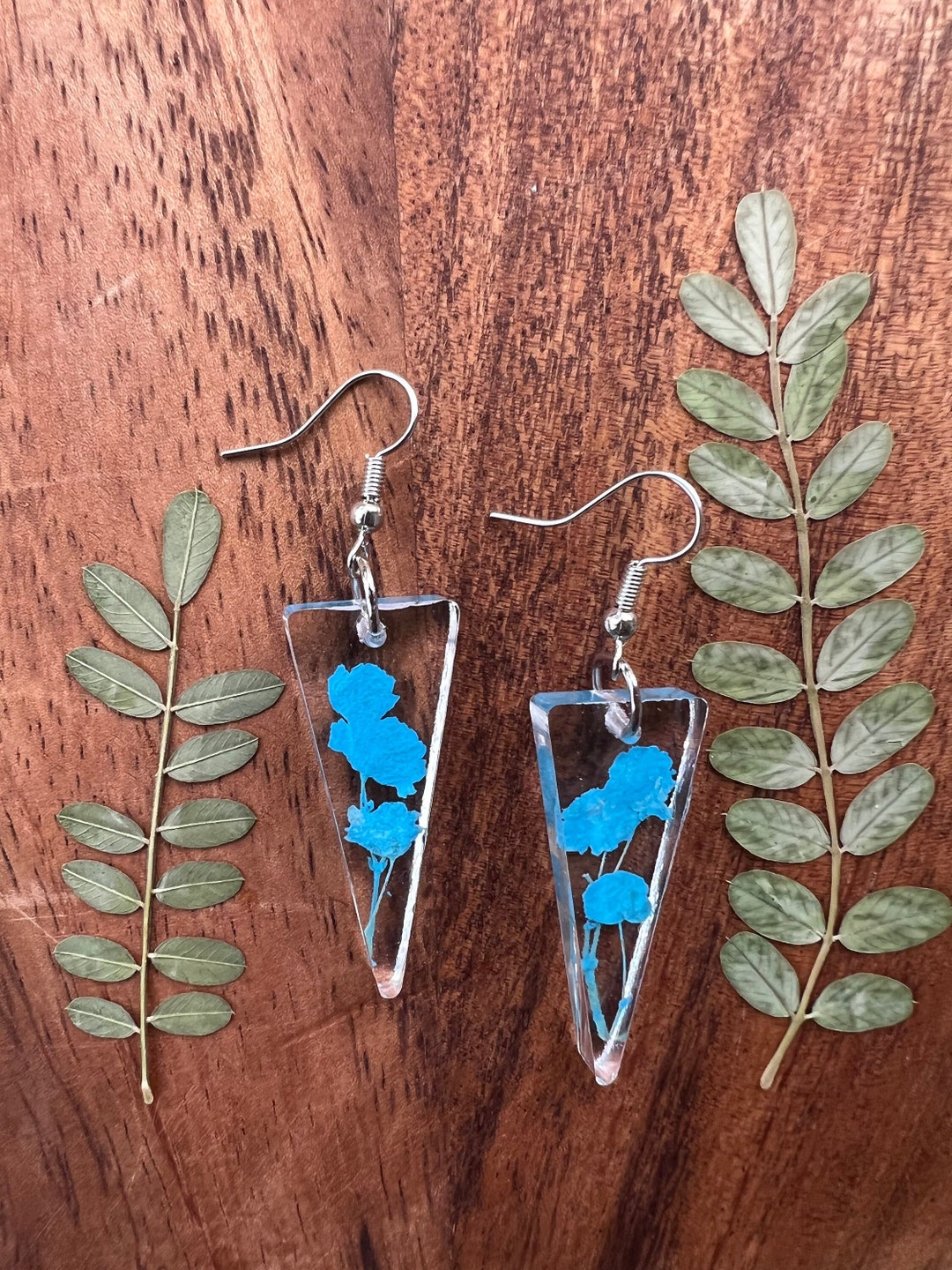 Handmade Blue Pressed Flower Resin Earrings Etsy