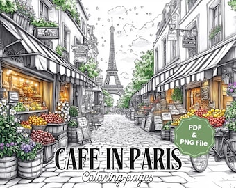 20 páginas para colorear de cafés parisinos para adultos: arte lineal imprimible de cafeterías francesas vintage / PNG compatibles con Procreate + PDF para descarga instantánea