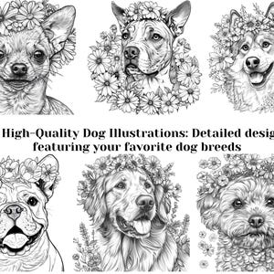Puede incluir: Ilustraciones en blanco y negro de seis razas de perros diferentes con coronas de flores. El texto "40 ilustraciones de perros de alta calidad: Dise&ntilde;os detallados con tus razas de perros favoritas" est&aacute; debajo de las im&aacute;genes.