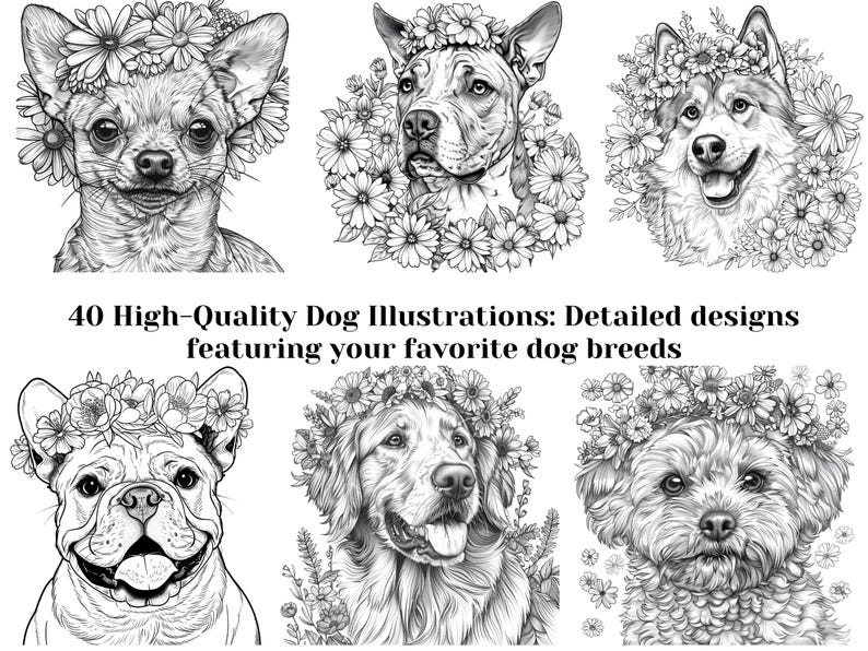 Puede incluir: Ilustraciones en blanco y negro de seis razas de perros diferentes con coronas de flores. El texto "40 ilustraciones de perros de alta calidad: Dise&ntilde;os detallados con tus razas de perros favoritas" est&aacute; debajo de las im&aacute;genes.