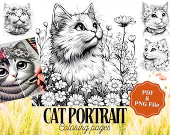 14 páginas para colorear de gatos para adultos y niños: PDF y PNG imprimibles, compatibles con Procreate, perfectas para la relajación y la creatividad