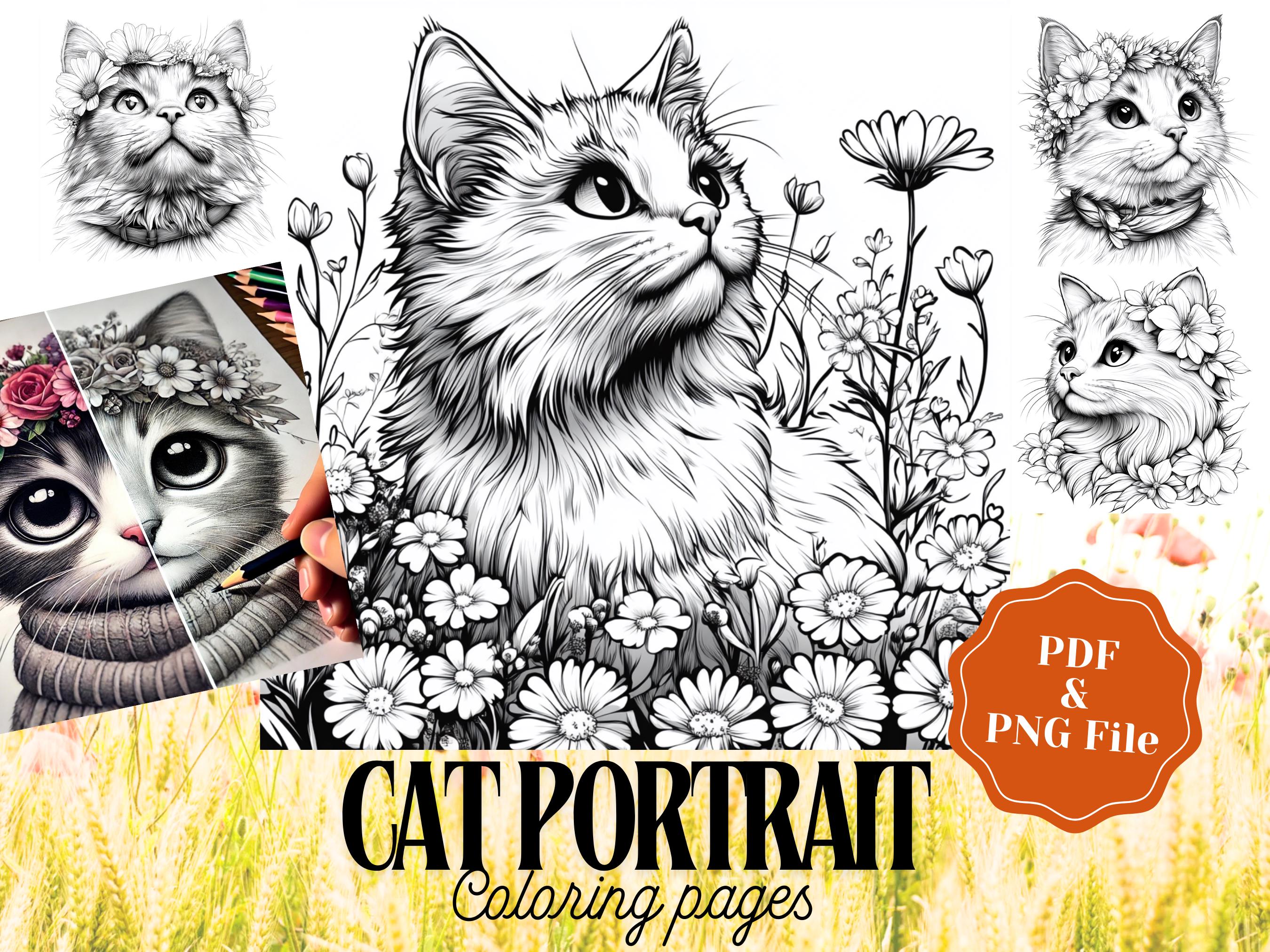 14 Cat Coloring Pages for Adults and Kids – Printable PDF & PNG, Procreate-Friendly, Floral Cats for Relaxation