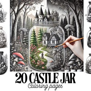 20 Castle Jar Coloring Pages, Woodland Nature Art, Printable Mason Jar Fantasy Coloring Book for Adults, Instant Download, PDF File