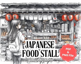 20 Japanese Food Stall Adult Coloring Pages, PDF + PNG for iPad, Cozy Scenes, Digital Download for Stress Relief, Coloring Book for Adults