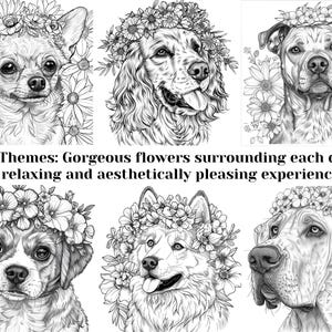 Puede incluir: Cinco ilustraciones en blanco y negro de perros con coronas de flores. Cada perro est&aacute; rodeado de flores. Los perros son un chihuahua, un cocker spaniel, un pitbull, un beagle y un husky.