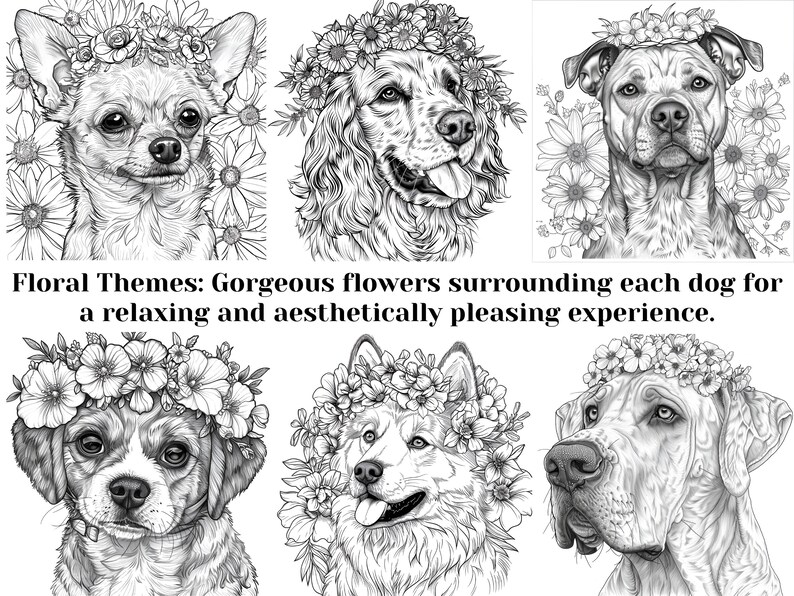 Puede incluir: Cinco ilustraciones en blanco y negro de perros con coronas de flores. Cada perro est&aacute; rodeado de flores. Los perros son un chihuahua, un cocker spaniel, un pitbull, un beagle y un husky.