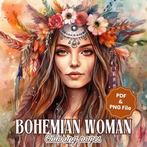 24 Bohemian Woman Coloring Pages - Adults And Kids Coloring Book, Digital Coloring Sheets, Instant Download, Printable PDF File.
