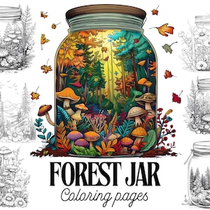 44 Forest Jar Coloring Pages, Woodland Nature Art, Printable Mason Jar Fantasy Coloring Book for Adults, Instant Download, PDF File