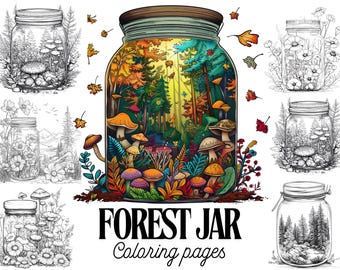 44 páginas para colorear de frascos de vidrio con temática forestal, arte natural del bosque, libro imprimible para colorear de fantasía con frascos de vidrio para adultos, descarga instantánea, archivo PDF
