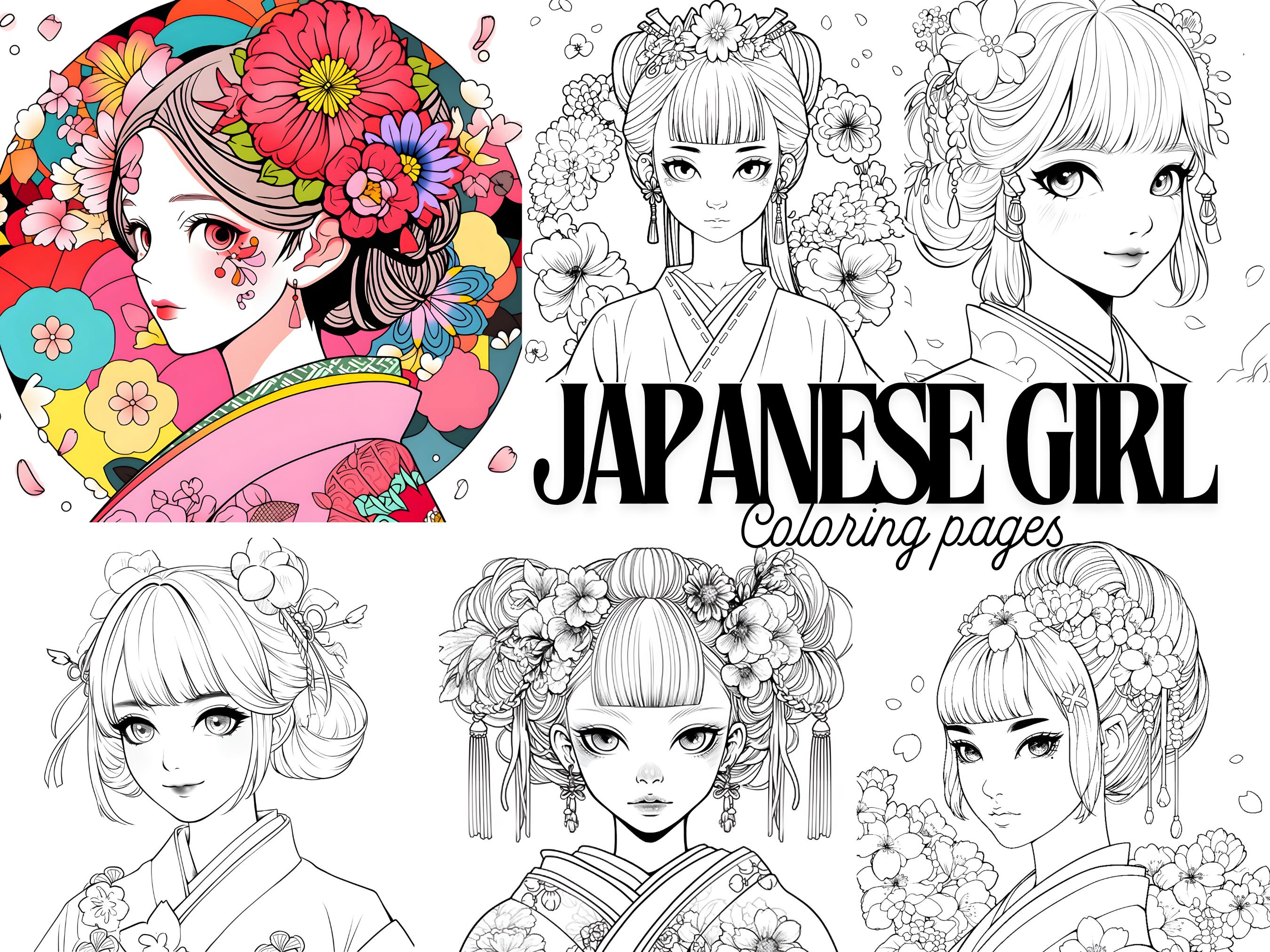 50 Japanese Girl Coloring Pages, Geisha Art Printable, Kawaii Kimono