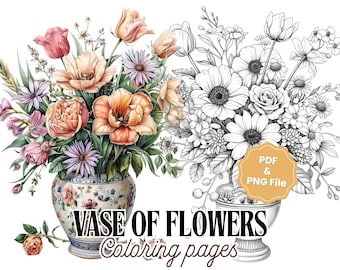 24 Vase Of Flowers Coloring Pages – Mindful Coloring Book for Adults & Kids, Floral iPad Sheets, Digital Art Download, PDF Printable