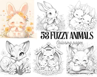 May include: A colouring book featuring 53 fuzzy animals. The cover shows a cute bunny rabbit with flowers in its hair, a fox curled up sleeping, and two bunnies cuddling. The title of the book is "53 Fuzzy Animals Colouring Pages".