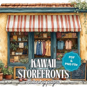 20 Kawaii Storefront Coloring Pages | Cute Shop Window Designs for Kids & Adults | Printable PDF + PNG Digital Download Coloring Sheets