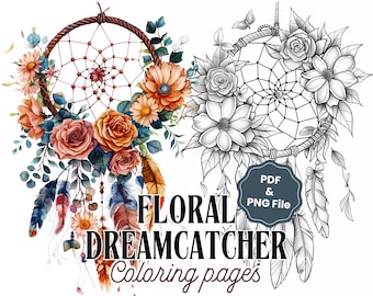 22 Dreamcatcher Coloring Pages with Flowers - Floral Adult and Kids Coloring Book, Printable PDF, Digital Instant Download Sheets