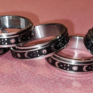 Anneau tournant lune étoiles et soleil, bague agitée, anneau de pouce, bague anxiété violon, anneau argenté, bague unisexe, bijoux anxiété