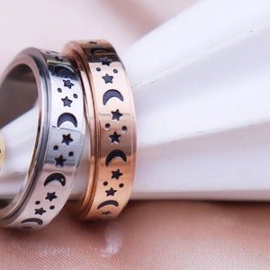 Bague lune et étoiles qui tournent, bague violon, aide à l'anxiété, bague agitée, bague toupie en argent, bague à rotation étoiles, anneau rotatif