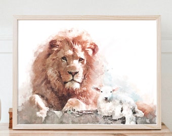 Lion and Lamb Watercolor Print: Christian Farmhouse Art (Digital Download)