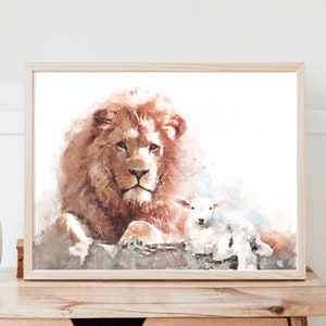 the lion and the lamb — PRINTABLE watercolor painting christian vintage farmhouse neutral digital art print home decor instant download