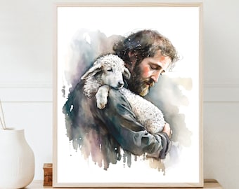 Good Shepherd Watercolor Print: Jesus Christ & Lamb (Digital Download)