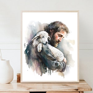 The Good Shepherd III — PRINTABLE digital art  home decor wall Jesus Christ sheep christian christianity watercolor painting colorful
