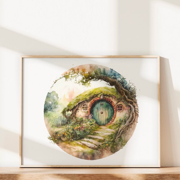 The Shire — PRINTABLE watercolor artwork digital download painting lotr lord of the rings fan art hobbits hobbit hole home decor wall art