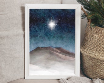 la estrella (color) — IMPRIMIBLE acuarela invierno navidad cristiana natividad pintura pared arte impresión decoración del hogar descarga instantánea digital