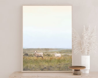 sheep pasture — PRINTABLE watercolor animal field painting boho minimal modern neutral digital wall art print home decor instant download