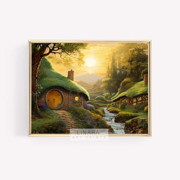 The Shire | Thomas Kinkade style — PRINTABLE oil artwork digital download painting lord of the rings bag end hobbit home decor wall art