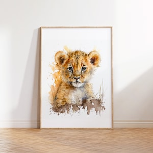 Lion Cub — PRINTABLE watercolor cute animal painting nursery baby nature grasslands boho art print home decor digital download high quality