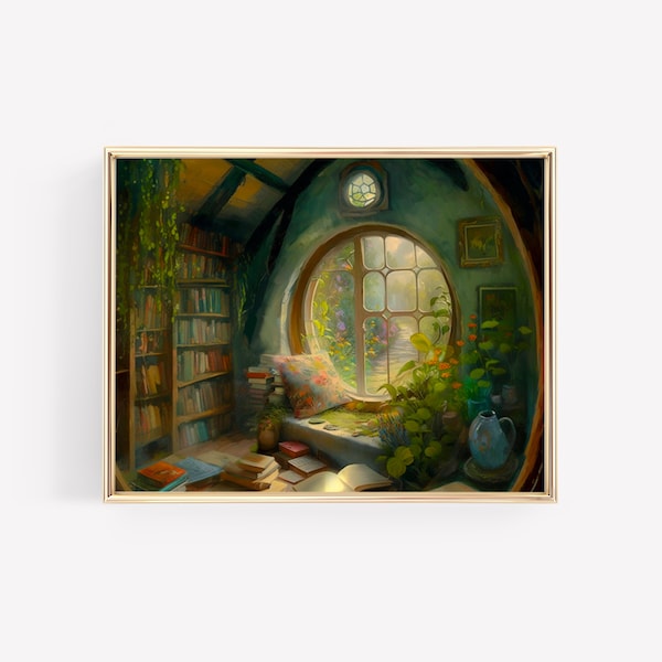 Hobbit Library — PRINTABLE oil artwork digital download painting lotr lord of the rings fan the shire hobbit hole home decor wall art