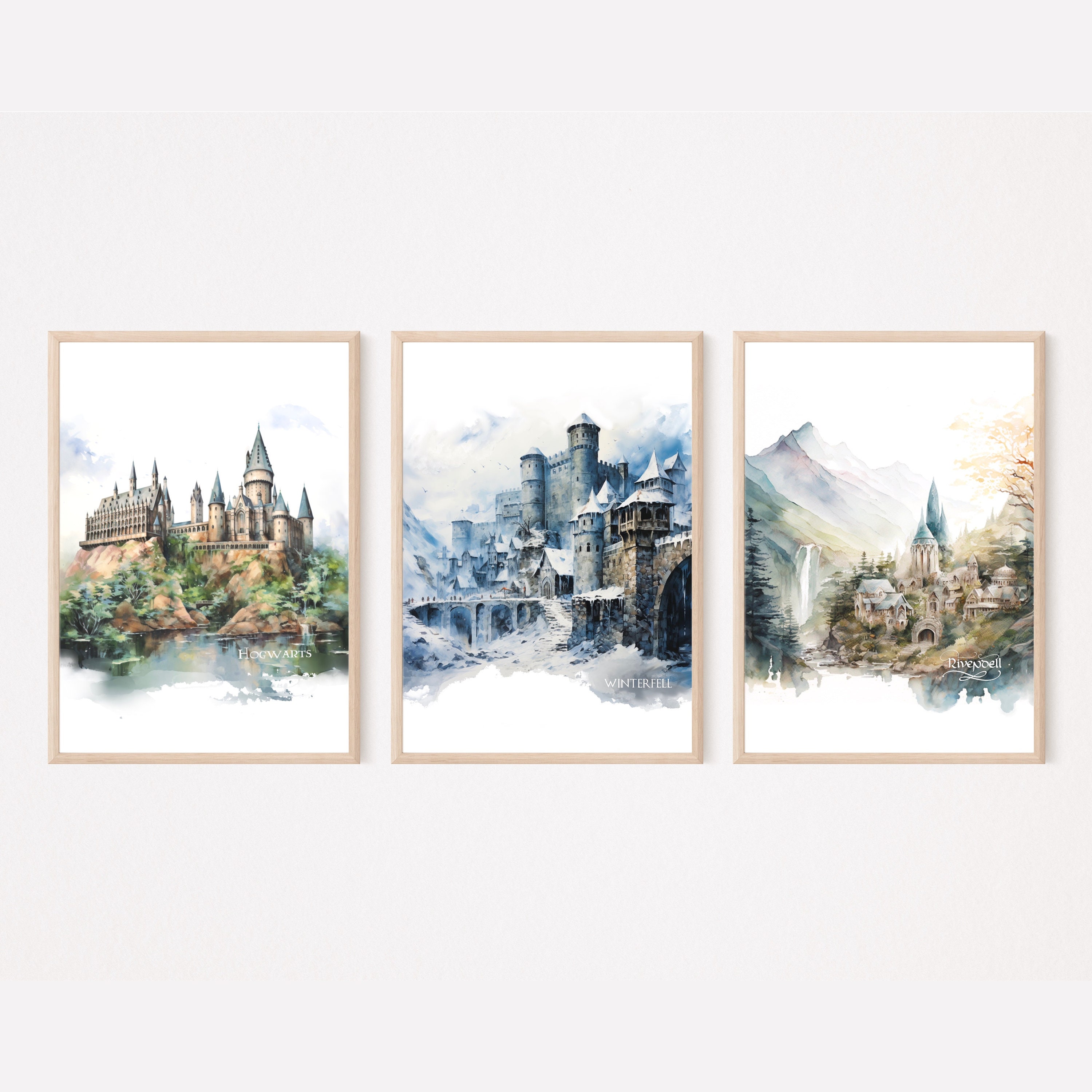Fantasy 3 Set — PRINTABLE watercolor artwork digital download painting lord of the rings fan art elves wizard medieval castle decor wall art