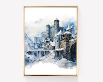 Impresión artística en acuarela del Castillo de Invernalia: Decoración de fantasía medieval (descarga digital)