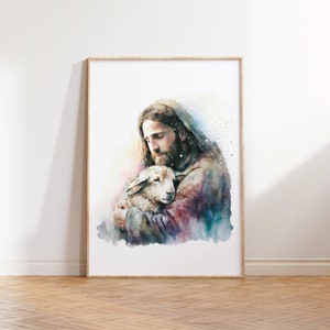 The Good Shepherd II — PRINTABLE digital art  home decor wall Jesus Christ sheep christian christianity watercolor painting colorful