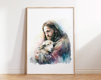 The Good Shepherd II — PRINTABLE digital art  home decor wall Jesus Christ sheep christian christianity watercolor painting colorful
