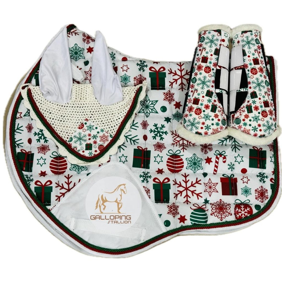 Abbylike 6 Pcs Christmas Holiday Santa Leg Wraps With Faux Fur Trim Holiday Santa Horse Hat All Purpose Santa Saddle Pad For Christmas Horse Costume Accessories P 49753867