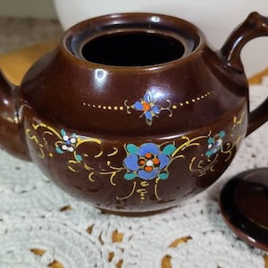 Vintage Redware Moriage Teapot with Lid