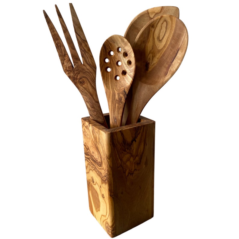 Olive Wood Utensil Holder Square Shape for Stability Lovely Etsy
