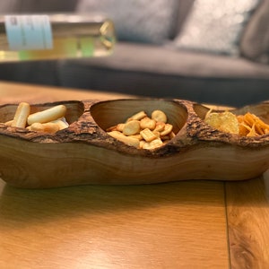 Artisan Rustic Olive Wood Long Snack Bowl with 3 Compartments | Appetiser & Dip Serving Dish